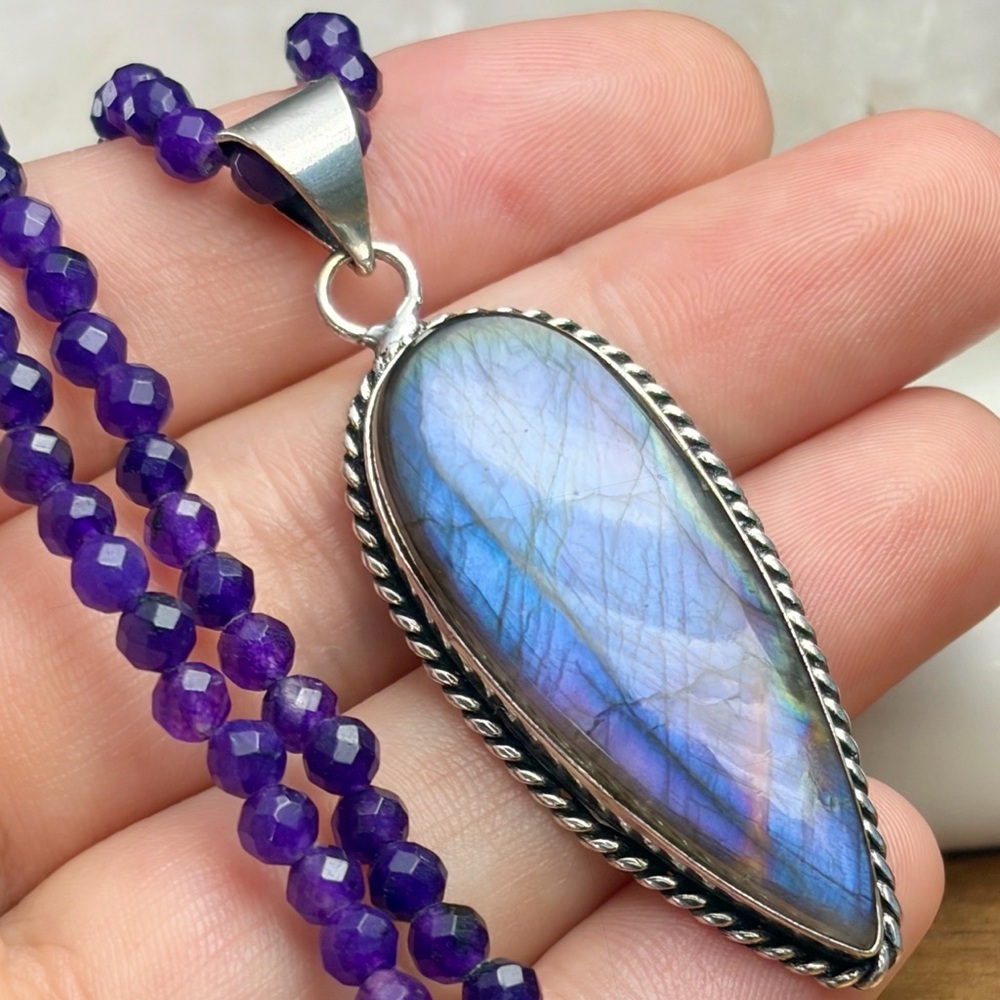 Purple Labradorite Pendant Necklace Boho Southwest Sterling Silver 925 Overlay
